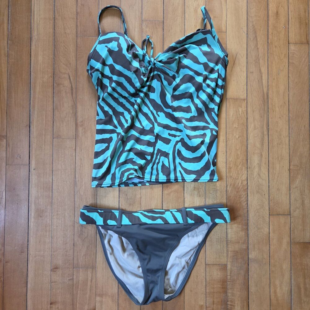 Y2K Victoria's Secret Bombshell Teal Zebra Print Tankini Swimsuit Set 36D L